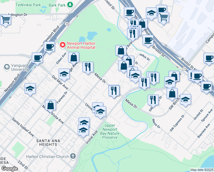 map of restaurants, bars, coffee shops, grocery stores, and more near 333 Mesa Drive in Costa Mesa