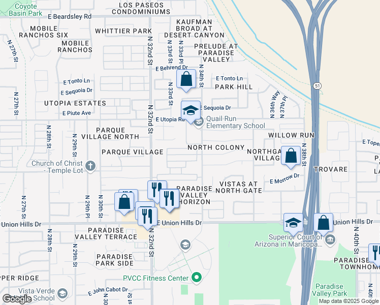 map of restaurants, bars, coffee shops, grocery stores, and more near 3314 East Clark Road in Phoenix