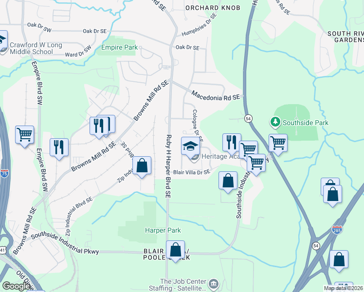 map of restaurants, bars, coffee shops, grocery stores, and more near 3449 Villa Circle Southeast in Atlanta