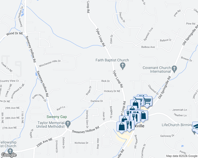 map of restaurants, bars, coffee shops, grocery stores, and more near 5124 Rick Drive in Pinson