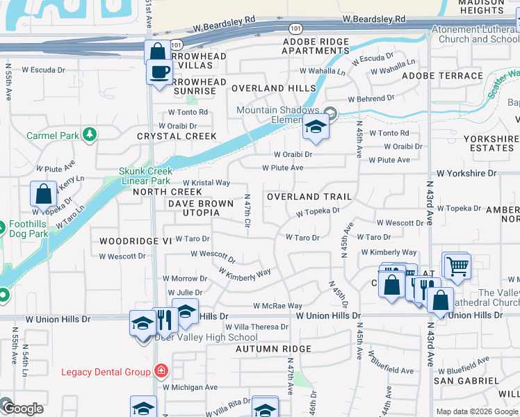 map of restaurants, bars, coffee shops, grocery stores, and more near 19056 North 47th Lane in Glendale