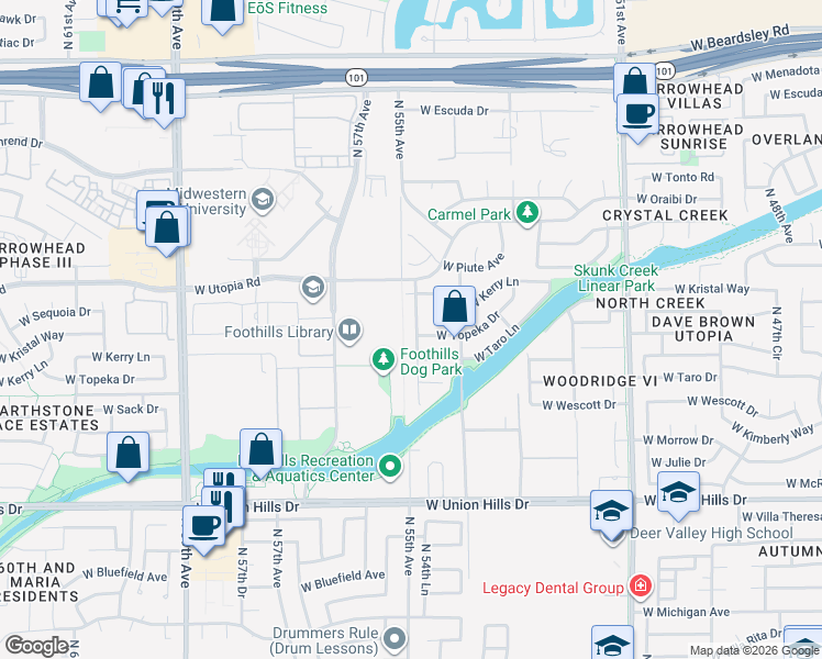 map of restaurants, bars, coffee shops, grocery stores, and more near 19210 North 54th Lane in Glendale