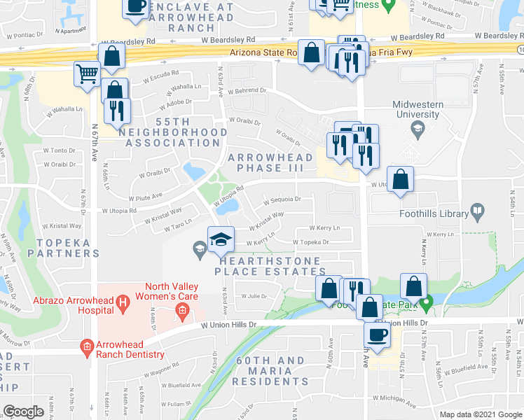 map of restaurants, bars, coffee shops, grocery stores, and more near 6183 West Sequoia Drive in Glendale
