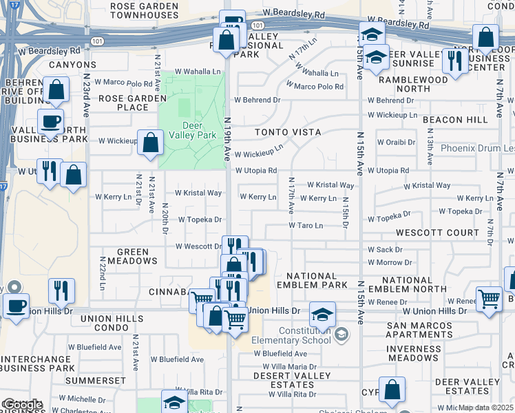 map of restaurants, bars, coffee shops, grocery stores, and more near 1812 West Topeka Drive in Phoenix