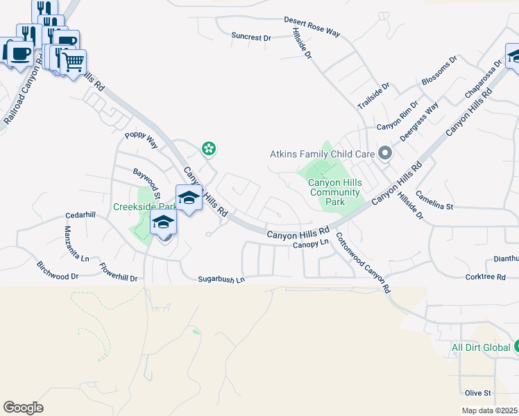 map of restaurants, bars, coffee shops, grocery stores, and more near 32589 Winterberry Lane in Lake Elsinore