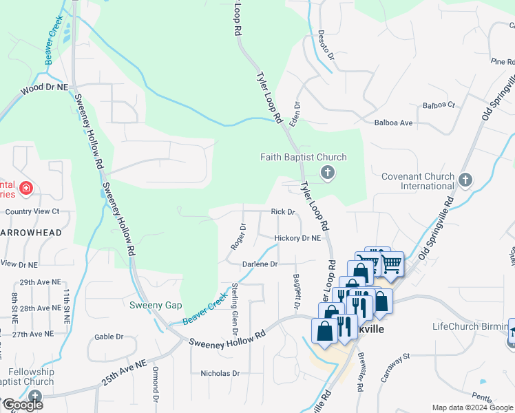 map of restaurants, bars, coffee shops, grocery stores, and more near 5112 Rick Drive in Pinson