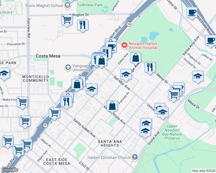 map of restaurants, bars, coffee shops, grocery stores, and more near 2554 Elden Avenue in Costa Mesa