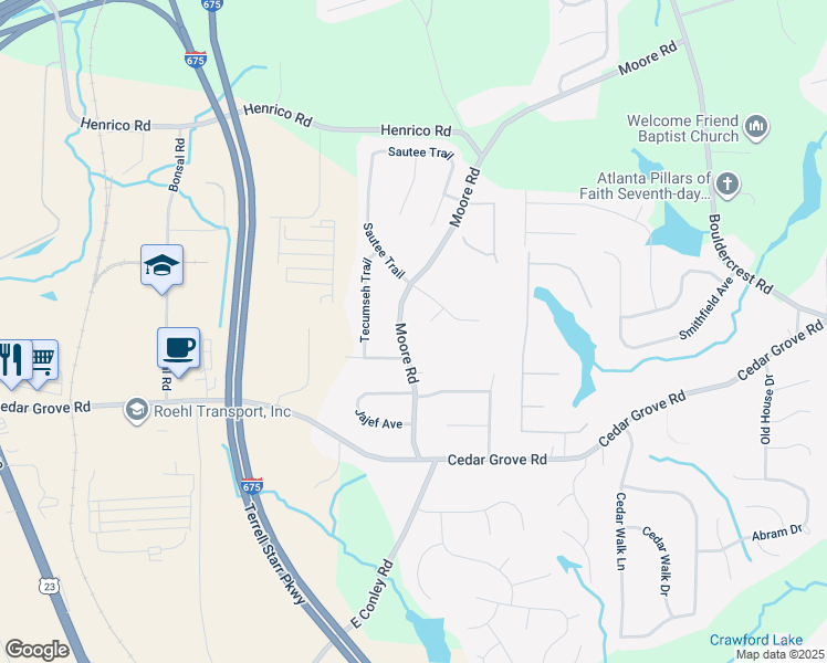 map of restaurants, bars, coffee shops, grocery stores, and more near 1766 Enclave Place in Conley