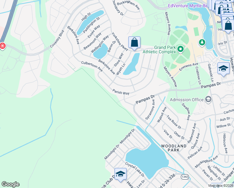 map of restaurants, bars, coffee shops, grocery stores, and more near 1565 Parish Way in Myrtle Beach