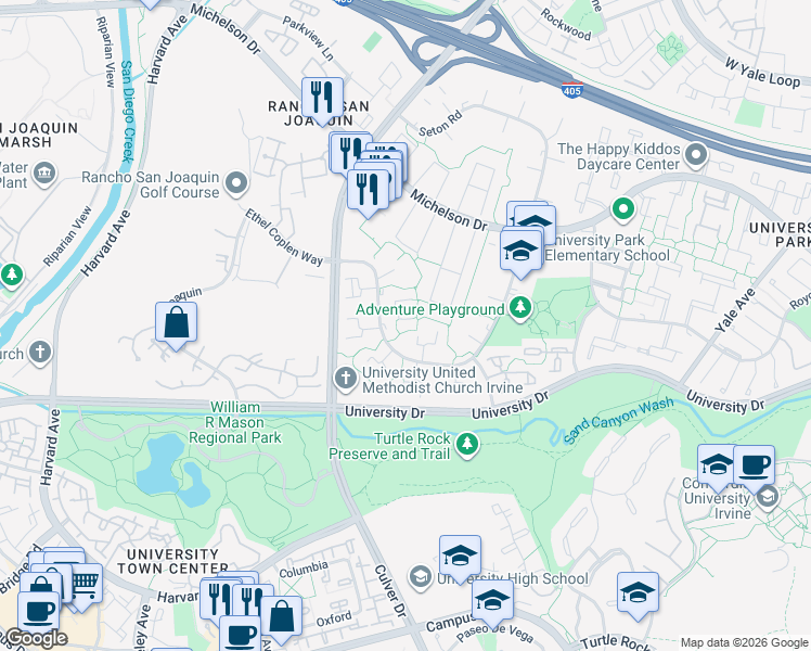map of restaurants, bars, coffee shops, grocery stores, and more near 18 Mayapple Way in Irvine