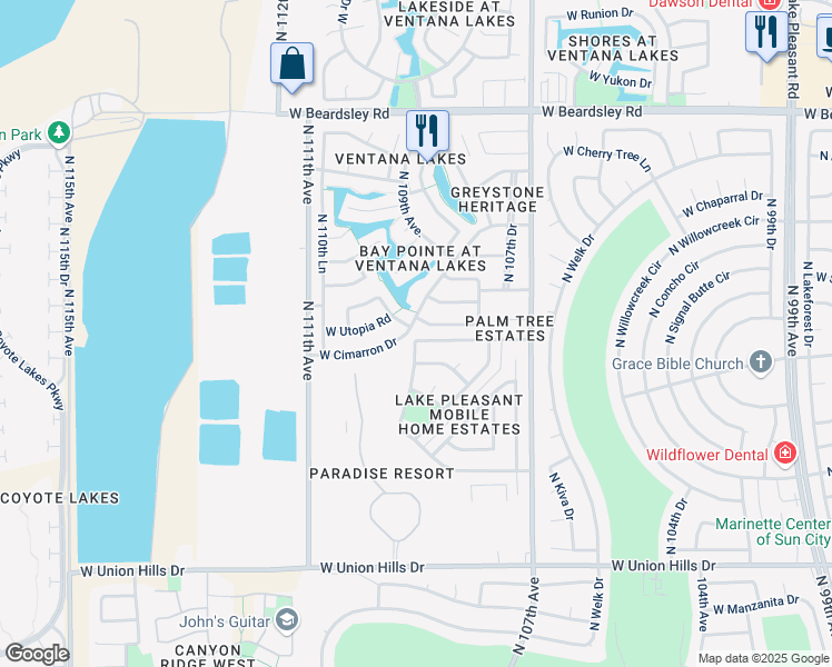 map of restaurants, bars, coffee shops, grocery stores, and more near 10987 West Cimarron Boulevard in Sun City