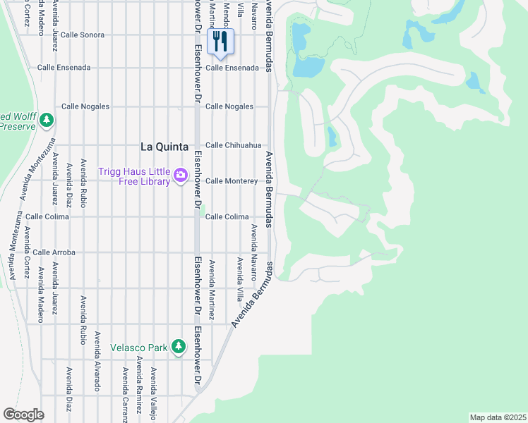 map of restaurants, bars, coffee shops, grocery stores, and more near 53495 Avenida Bermudas in La Quinta