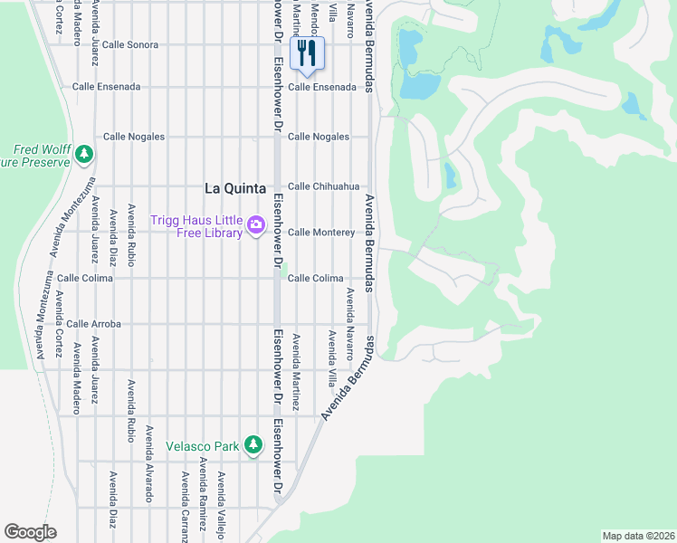 map of restaurants, bars, coffee shops, grocery stores, and more near 77890 Calle Colima in La Quinta