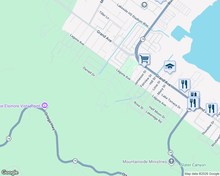 map of restaurants, bars, coffee shops, grocery stores, and more near 33371 Riverside Drive in Lake Elsinore