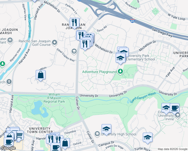 map of restaurants, bars, coffee shops, grocery stores, and more near 18 Mayapple Way in Irvine