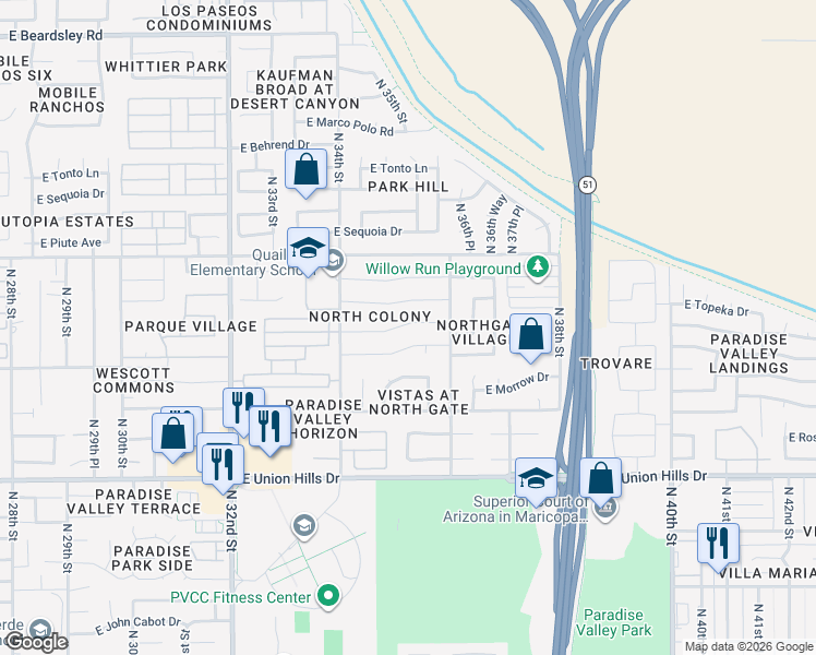 map of restaurants, bars, coffee shops, grocery stores, and more near 3513 E Clark Rd in Phoenix
