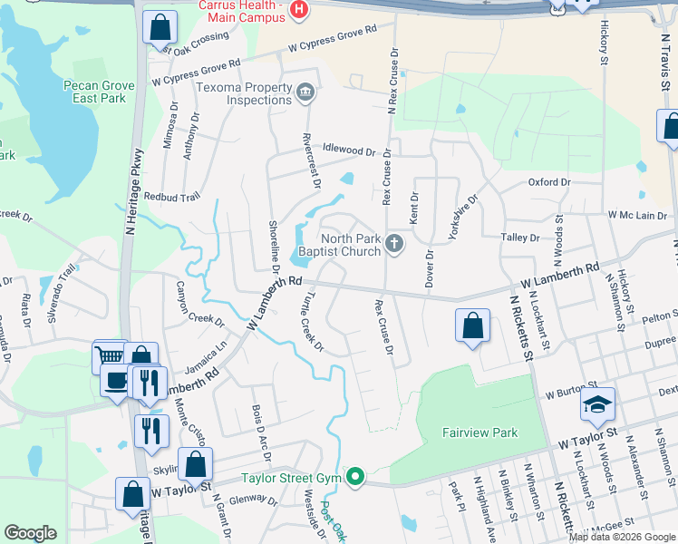 map of restaurants, bars, coffee shops, grocery stores, and more near 2506 Meadows Lane in Sherman