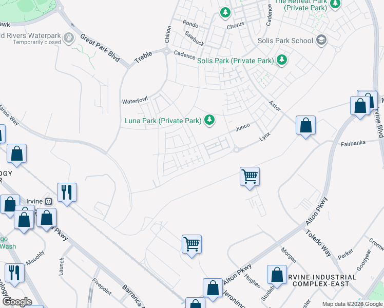 map of restaurants, bars, coffee shops, grocery stores, and more near 652 Gadwall in Irvine