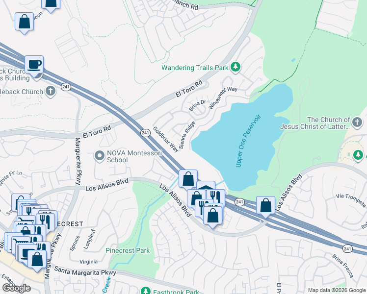 map of restaurants, bars, coffee shops, grocery stores, and more near 12 Goldbriar Way in Mission Viejo