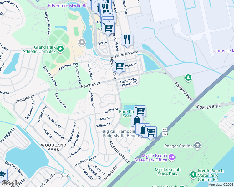 map of restaurants, bars, coffee shops, grocery stores, and more near 3500 Evergreen Way in Myrtle Beach