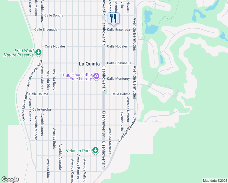 map of restaurants, bars, coffee shops, grocery stores, and more near 53465 Avenue Mendoza in La Quinta