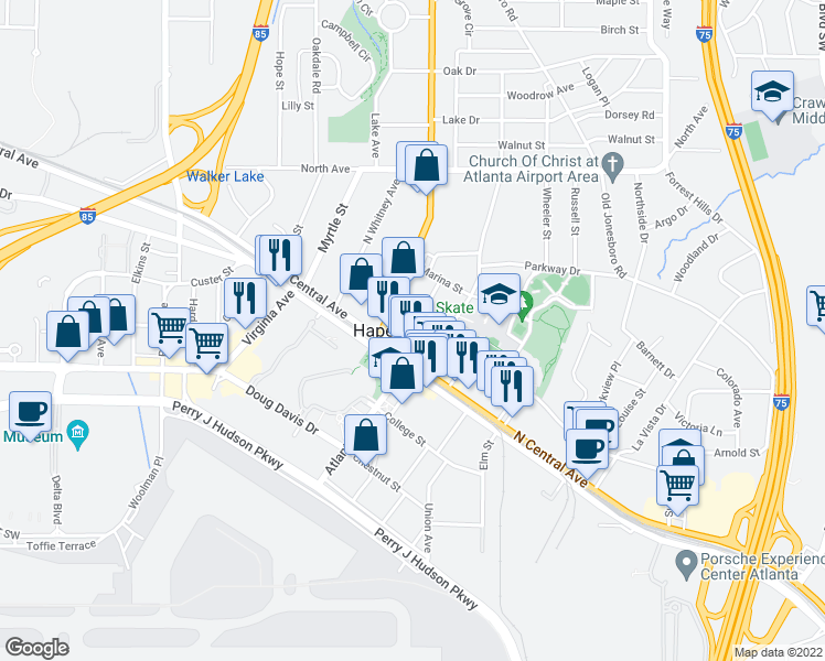 map of restaurants, bars, coffee shops, grocery stores, and more near 614 King Arnold Street in Atlanta