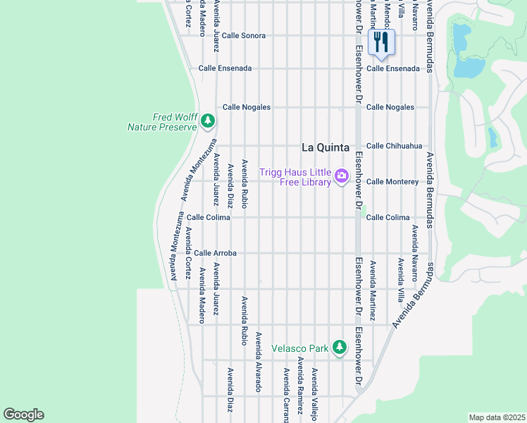 map of restaurants, bars, coffee shops, grocery stores, and more near 53470 Avenue Alvarado in La Quinta