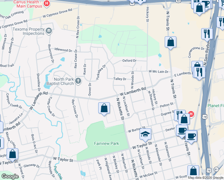 map of restaurants, bars, coffee shops, grocery stores, and more near 2510 North Ricketts Street in Sherman