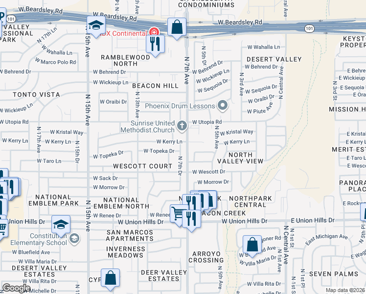 map of restaurants, bars, coffee shops, grocery stores, and more near 19201 North 7th Drive in Phoenix