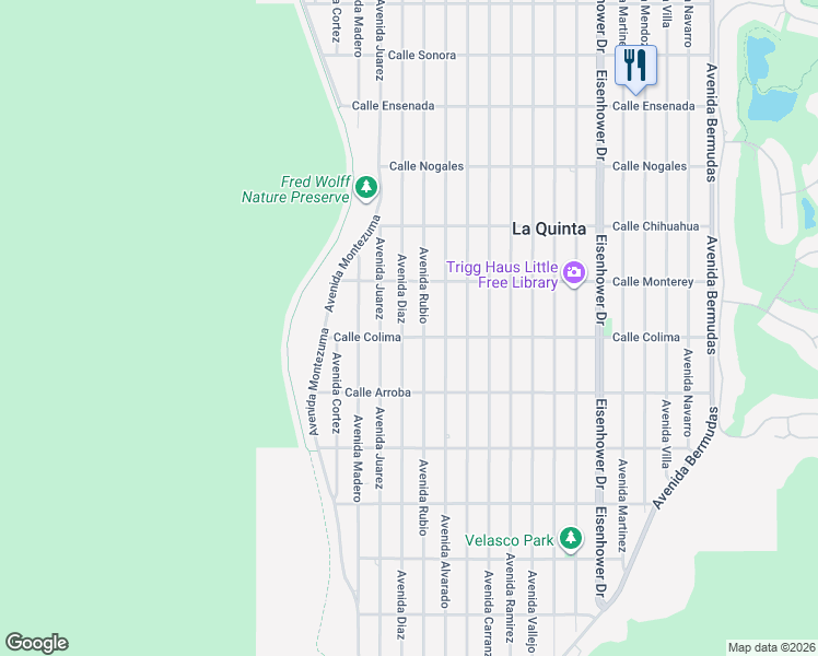 map of restaurants, bars, coffee shops, grocery stores, and more near 53460 Avenida Diaz in La Quinta