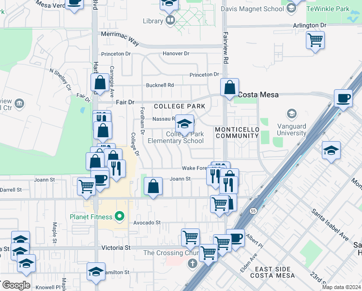 map of restaurants, bars, coffee shops, grocery stores, and more near 2356 Colgate Drive in Costa Mesa
