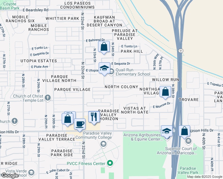 map of restaurants, bars, coffee shops, grocery stores, and more near 19033 North 33rd Way in Phoenix