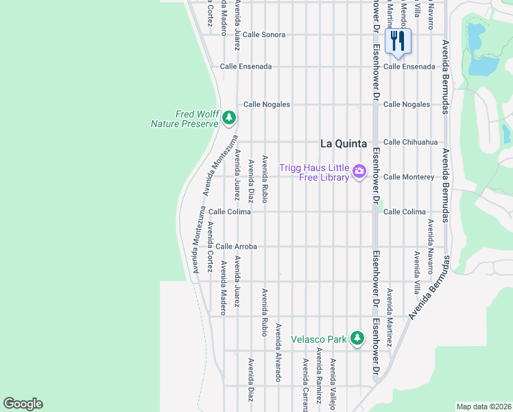 map of restaurants, bars, coffee shops, grocery stores, and more near 53460 Avenida Diaz in La Quinta