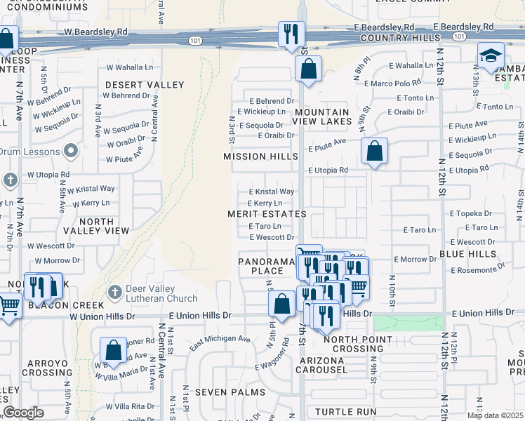 map of restaurants, bars, coffee shops, grocery stores, and more near 442 East Topeka Drive in Phoenix