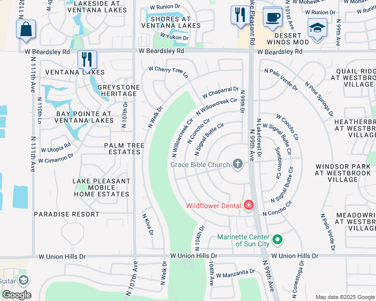 map of restaurants, bars, coffee shops, grocery stores, and more near 19445 North Concho Circle in Sun City