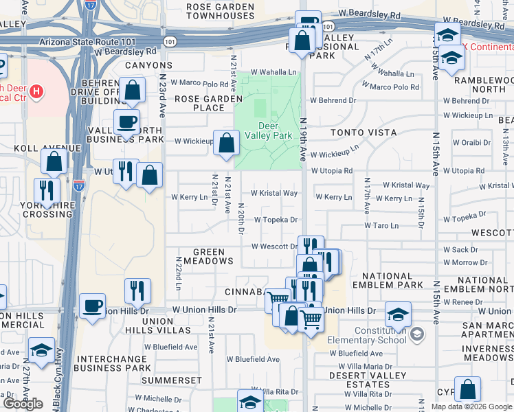 map of restaurants, bars, coffee shops, grocery stores, and more near 19218 North 20th Avenue in Phoenix