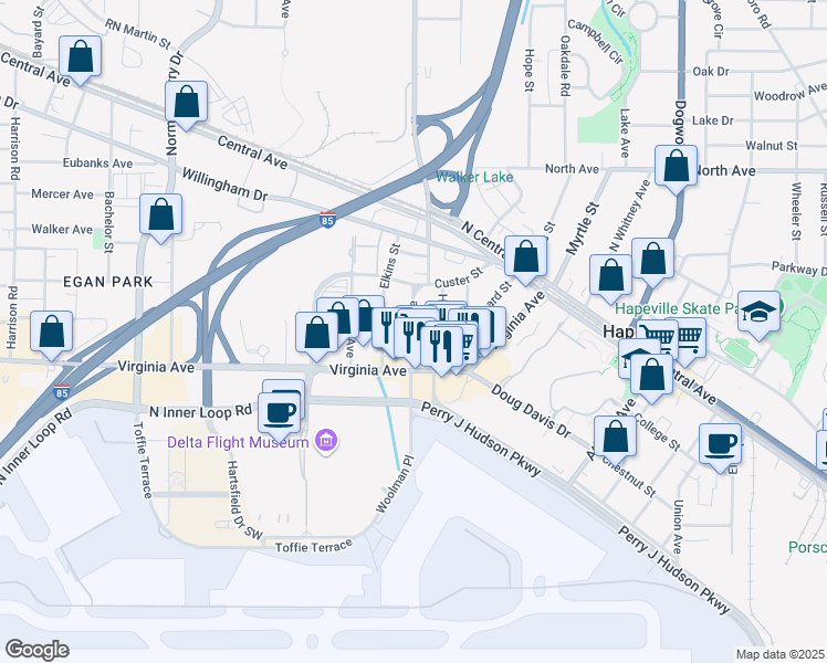 map of restaurants, bars, coffee shops, grocery stores, and more near 3454 Rainey Avenue in Atlanta