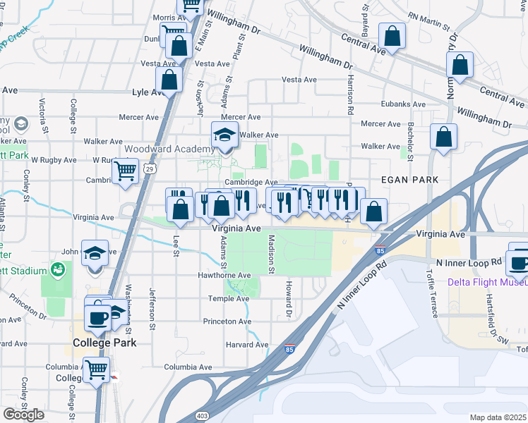 map of restaurants, bars, coffee shops, grocery stores, and more near 1548 Hardin Avenue in College Park