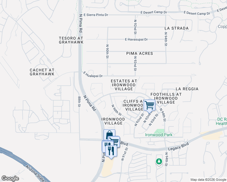 map of restaurants, bars, coffee shops, grocery stores, and more near 19204 North 90th Place in Scottsdale