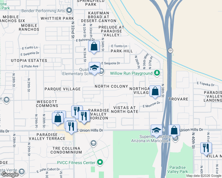 map of restaurants, bars, coffee shops, grocery stores, and more near 3432 East Clark Road in Phoenix