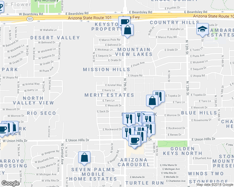 map of restaurants, bars, coffee shops, grocery stores, and more near 530 East Topeka Drive in Phoenix