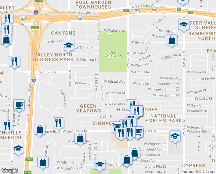 map of restaurants, bars, coffee shops, grocery stores, and more near 19210 North 20th Avenue in Phoenix