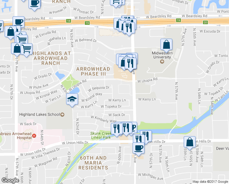 map of restaurants, bars, coffee shops, grocery stores, and more near 19303 North 60th Avenue in Glendale