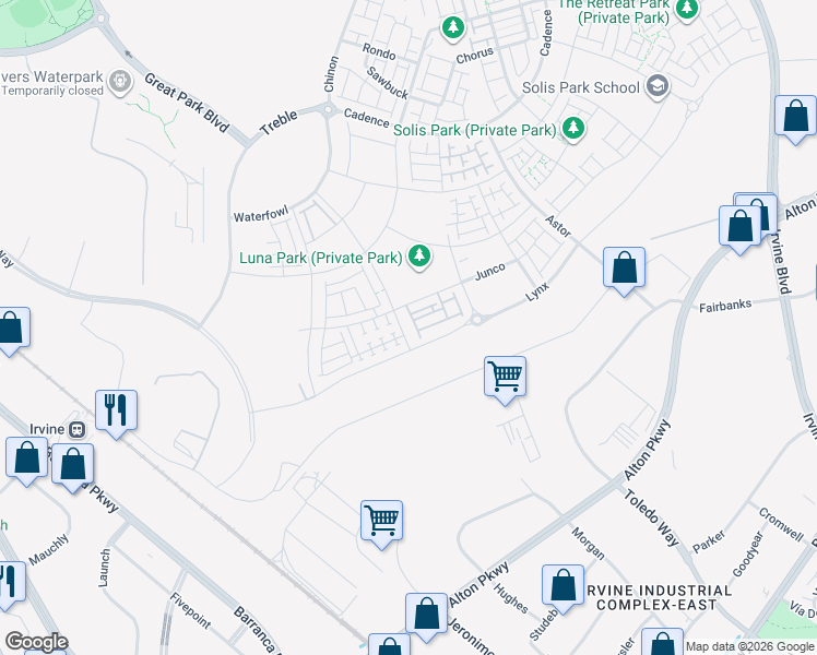 map of restaurants, bars, coffee shops, grocery stores, and more near 7453-8499 Marine Way in Irvine