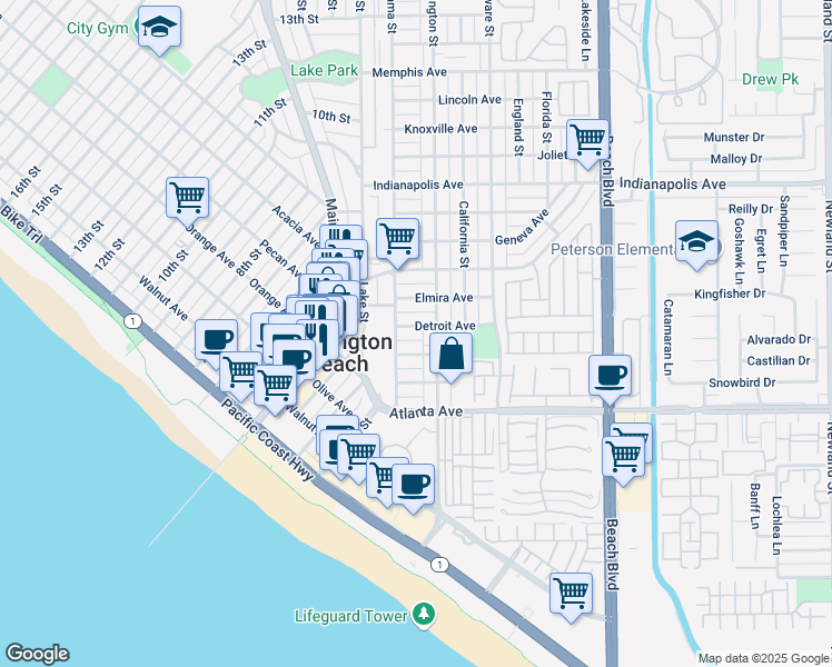 map of restaurants, bars, coffee shops, grocery stores, and more near 212 Detroit Avenue in Huntington Beach