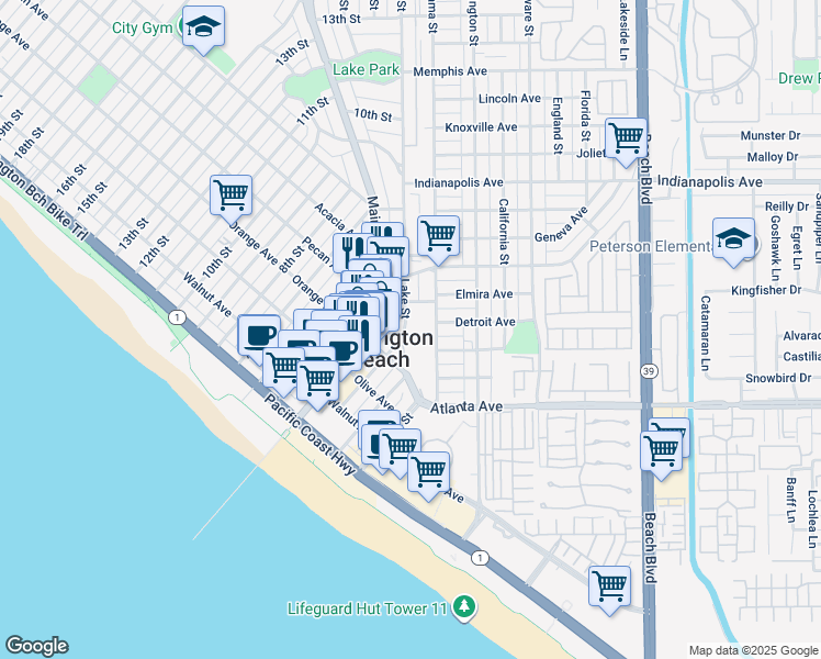 map of restaurants, bars, coffee shops, grocery stores, and more near 410 Lake Street in Huntington Beach