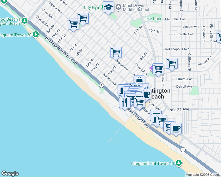 map of restaurants, bars, coffee shops, grocery stores, and more near in Huntington Beach