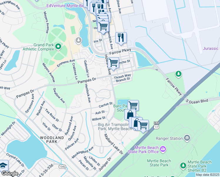 map of restaurants, bars, coffee shops, grocery stores, and more near 3500 Evergreen Way in Myrtle Beach