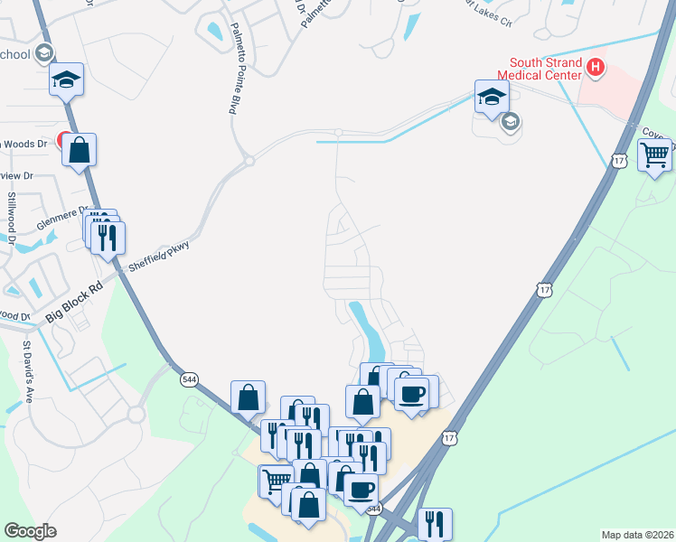 map of restaurants, bars, coffee shops, grocery stores, and more near Sayebrook Parkway in Myrtle Beach