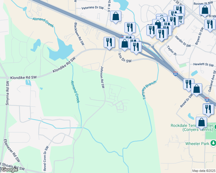 map of restaurants, bars, coffee shops, grocery stores, and more near 1840 Eastmore Avenue in Conyers